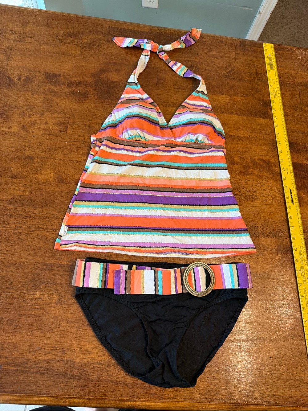 Captiva Swimsuit Tankini Set M Small Multi Color Stripe Halter Top Belted Bottom